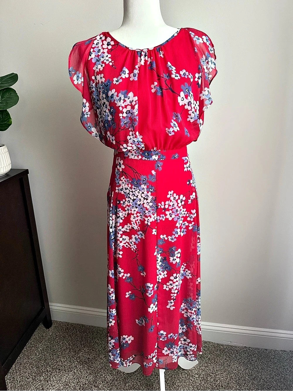 Tommy Hilfiger Floral Flutter Sleeve Chiffon Midi Dress Red & Blue, Size 16